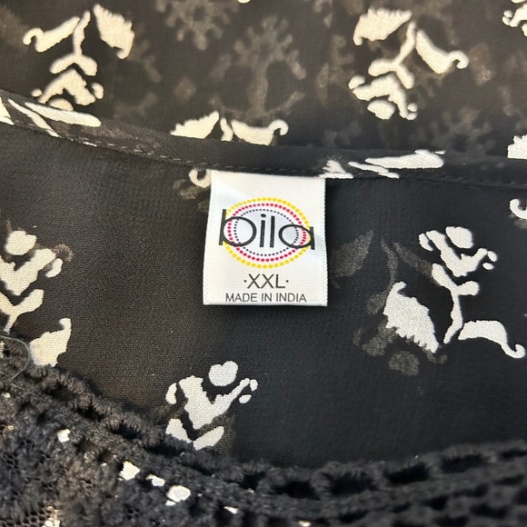 Bila Black White Floral Print Crochet Neck Tunic Top Blouse Plus Size XXL - Picture 5 of 6